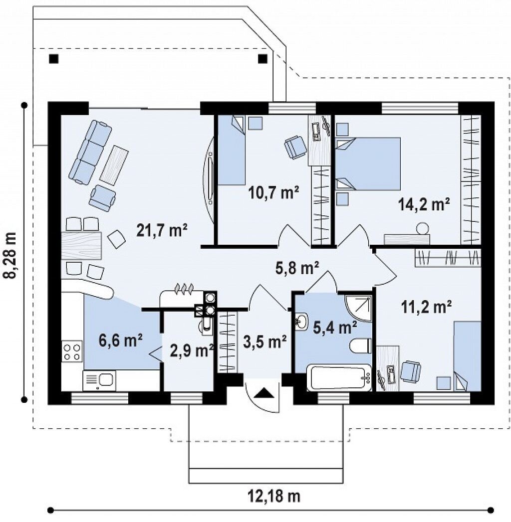 Планировка одноэтажного каркасного дома с тремя спальнями