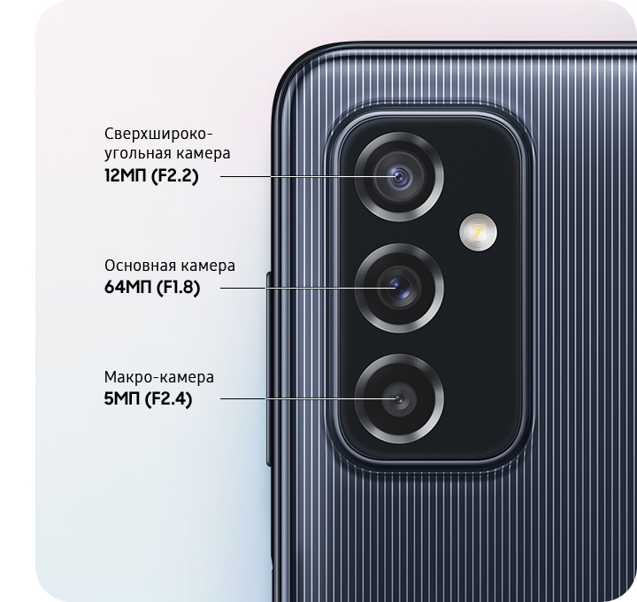 A rear close-up of advanced Triple Camera on the black model, showing F2.2 12MP Ultra Wide Camera, F1.8 64MP Main Camera and F2.4 5MP Macro Camera.