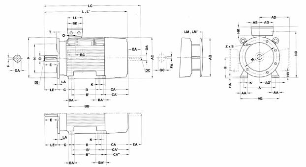 Габаритные и присоединительные размеры 1LG4 (лапы-фланец 180M-315L)