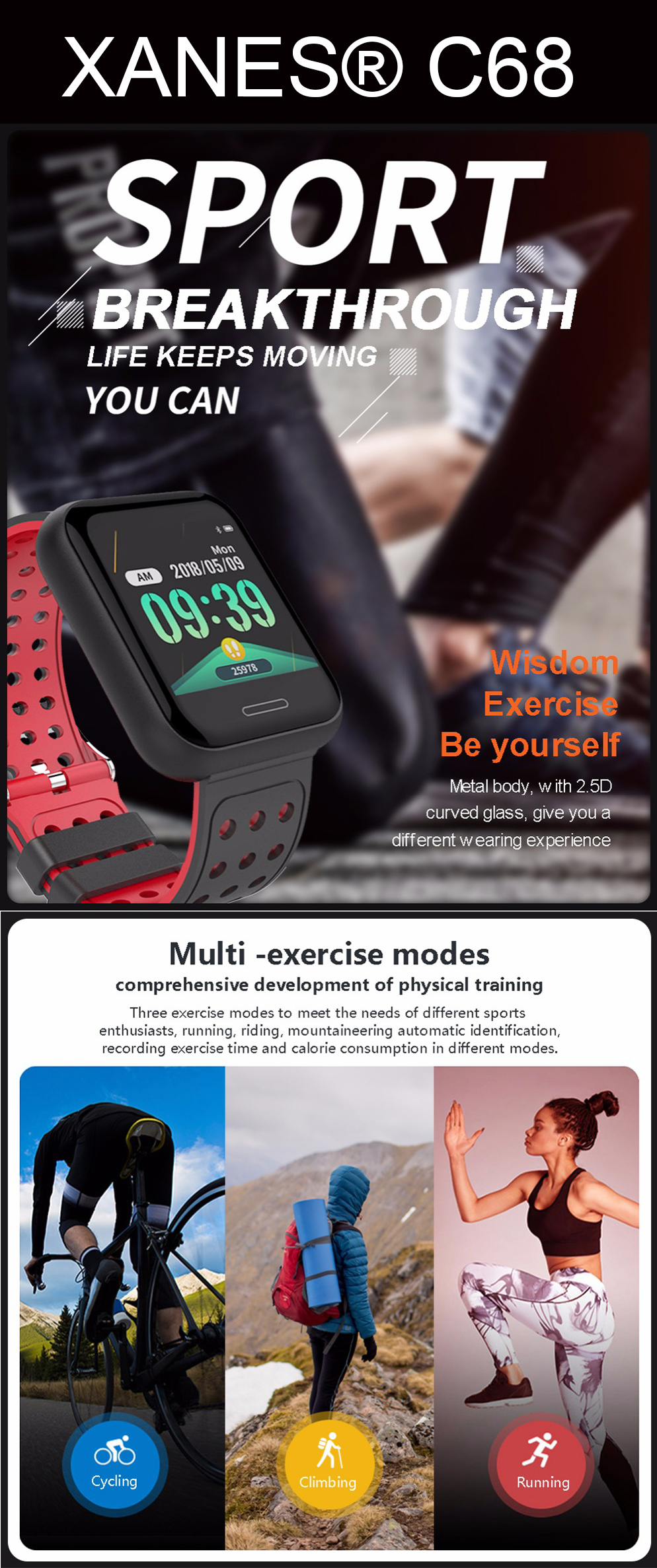 XANES C68 1,3-дюймовый цветной сенсорный экран Водонепроницаемы Smart Watch, несколько спортивных режимов, браслет Фитне - фото 1