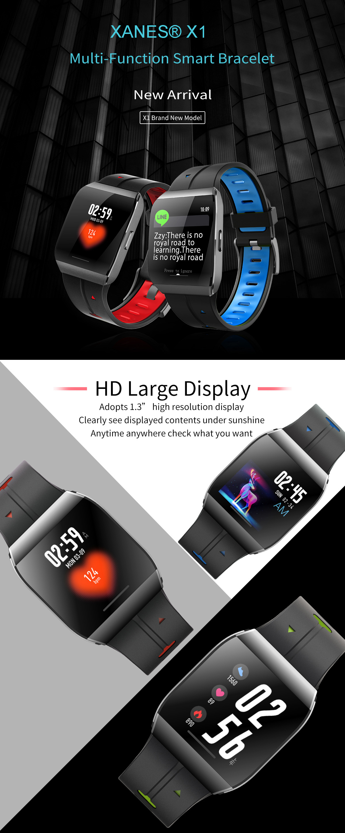 XANES® X1 1,3-дюймовый цветной сенсорный экран IP68 Водонепроницаемы Smart Watch Секундомер Фитнес Спортивный браслет - фото 1