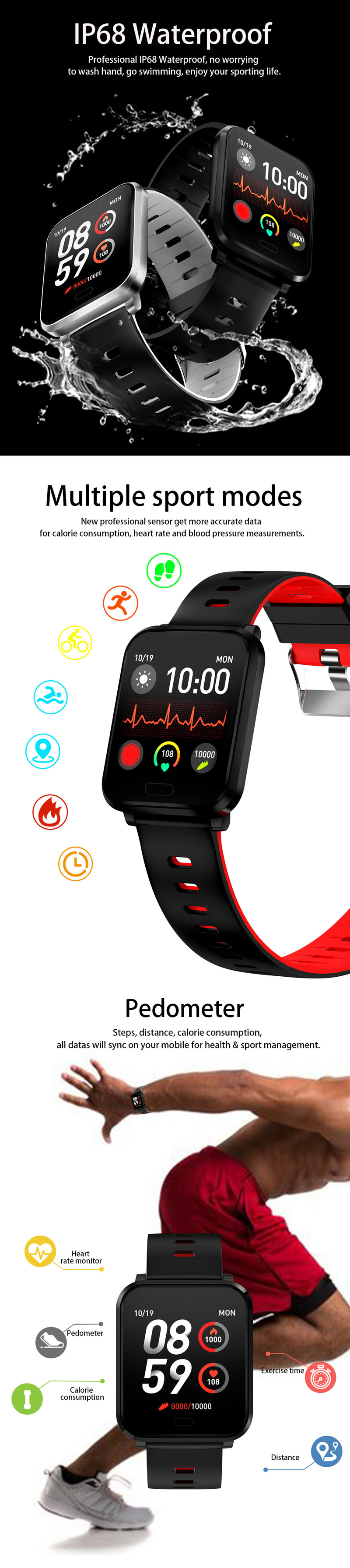 XANES K10 1,3-дюймовый цветной сенсорный экран Водонепроницаемы Smart Watch Несколько спортивных браслет Фитнес - фото 3