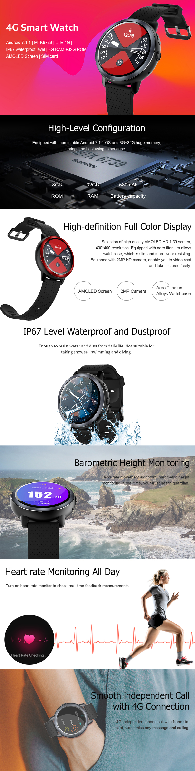 JSBP Z29 4G 3 + 32G GPS WI-FI 2MP HD камера Watch Phone 1.39 '' Full Screen Водонепроницаемы Фитнес Smart Watch - фото 1