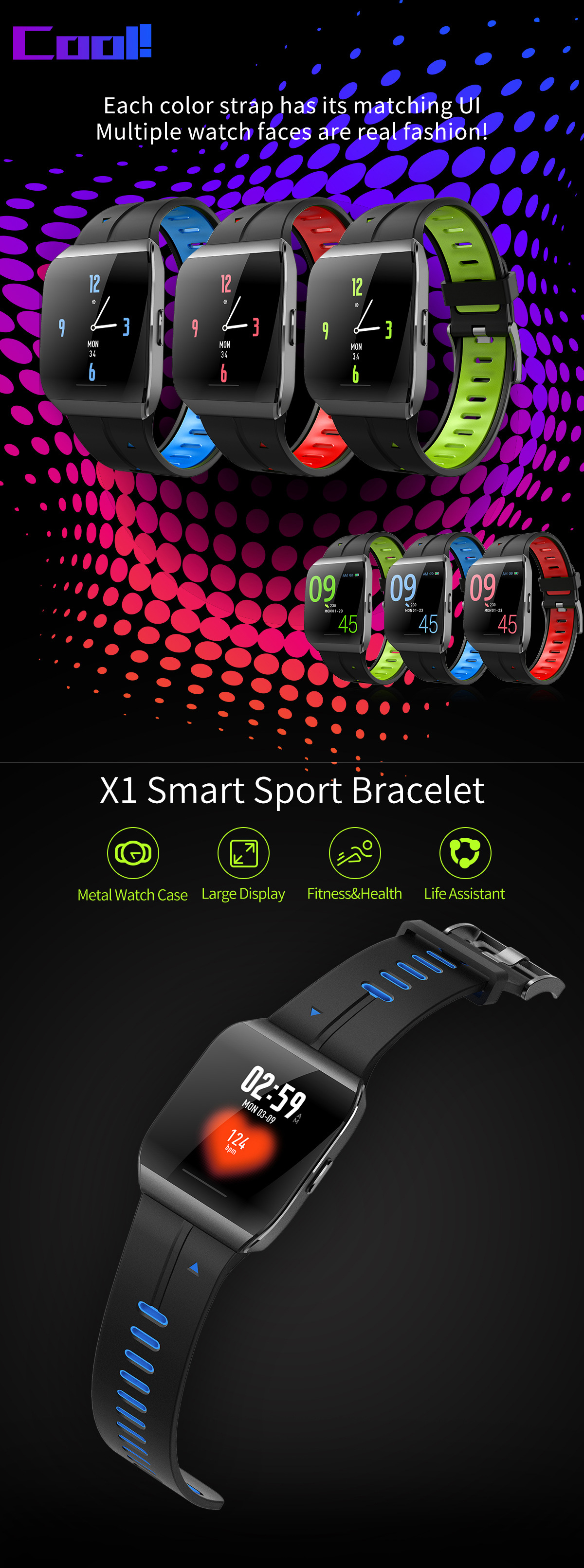 XANES® X1 1,3-дюймовый цветной сенсорный экран IP68 Водонепроницаемы Smart Watch Секундомер Фитнес Спортивный браслет - фото 2